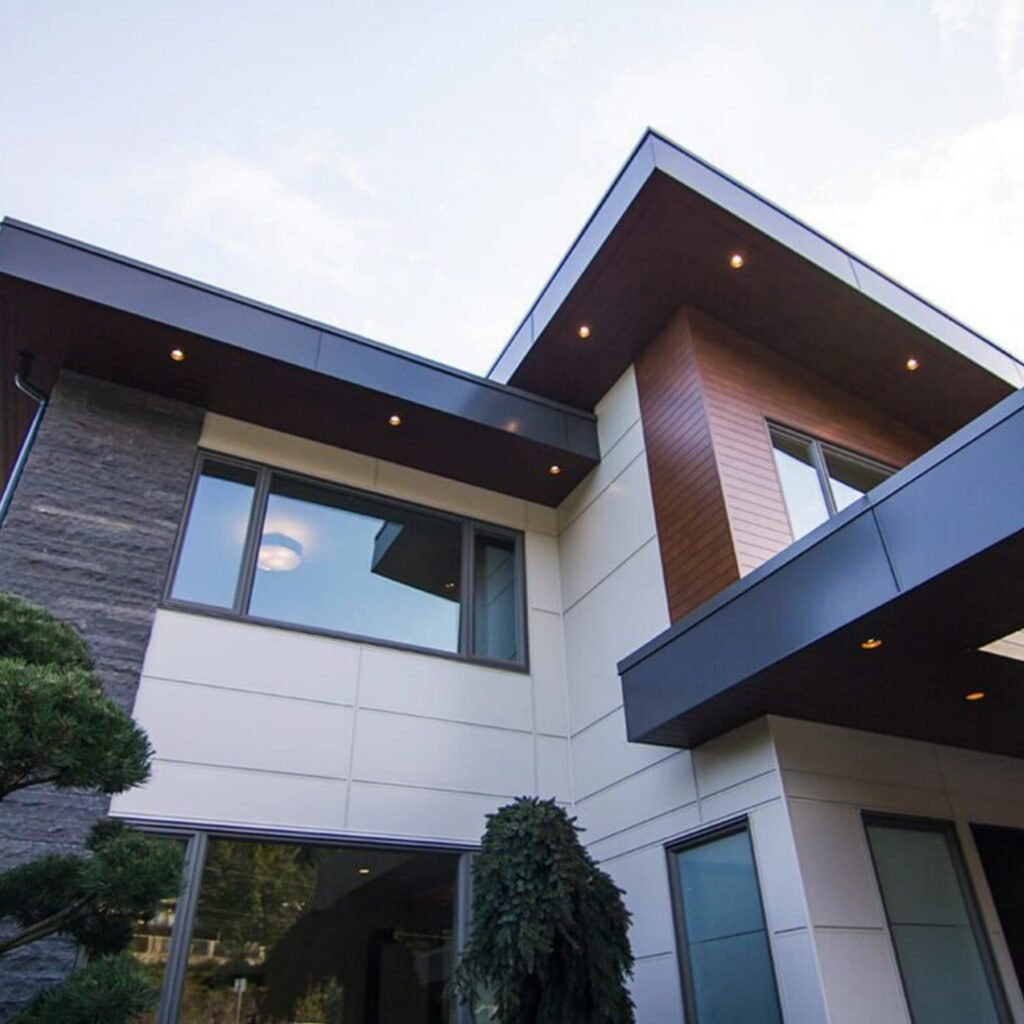 Close-up view of AL13 aluminum panel siding finish on a residential exterior