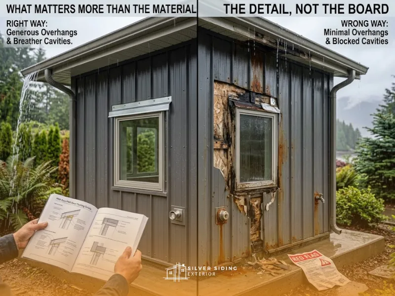 A technical construction diptych visual comparing successful versus failed architectural detailing in a wet coastal climate. The left shows proper deep overhangs, clear rainscreen ventilation, and flawlessly detailed window head flashing. The right shows minimal overhangs, blocked cavities, catastrophic moisture intrusion behind the cladding, and rotted OSB due to failed flashing at openings.