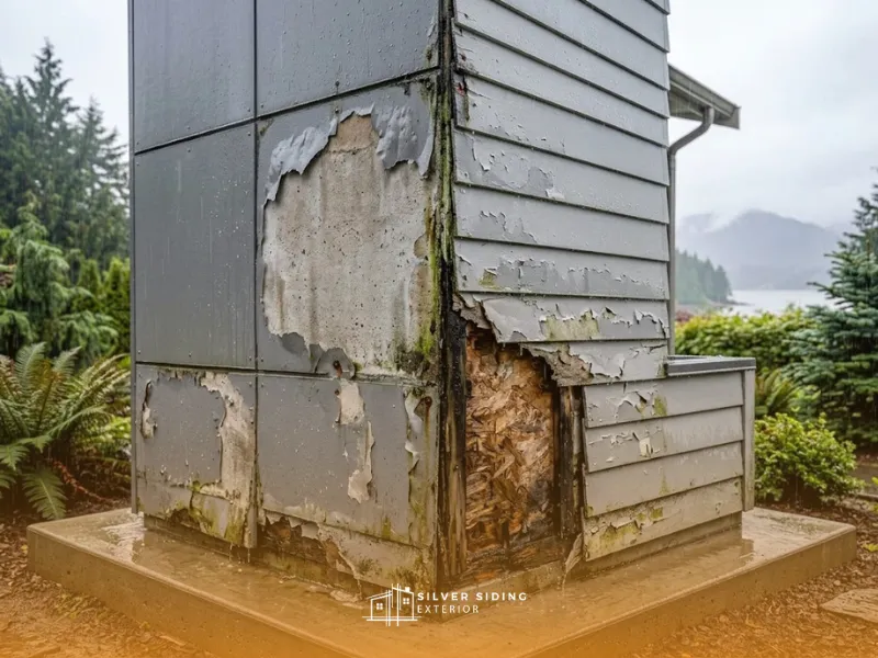 Severe moisture damage on a lower corner of fibre cement siding, showing peeling paint, swollen unsealed cut edges, mold growth, and rotted exposed OSB sheathing due to trapped moisture in a wet coastal climate.