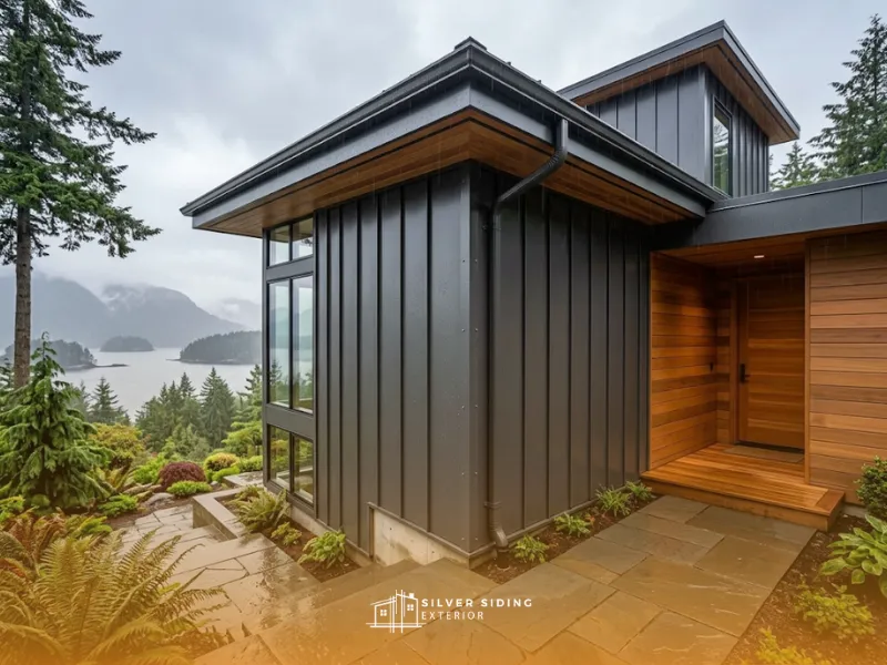 Luxury coastal home exterior featuring flawless charcoal corrugated metal siding and warm cedar-look aluminum accents, beautifully shedding water during a rainstorm.