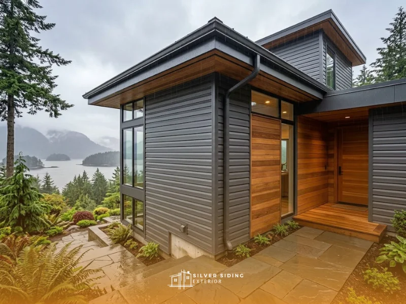 Luxury modern coastal home exterior featuring high-quality dark grey vinyl lap siding and warm cedar wood accents, seamlessly shedding water during a heavy coastal rainstorm.