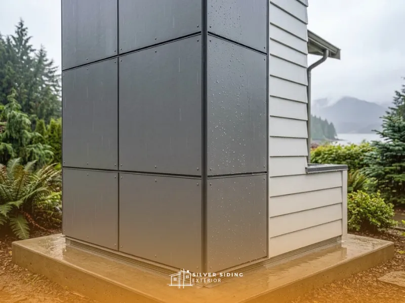Luxury high-end traditional-modern West Coast home corner featuring flawless James Hardie fibre cement cladding perfectly resisting a wet coastal rainstorm.