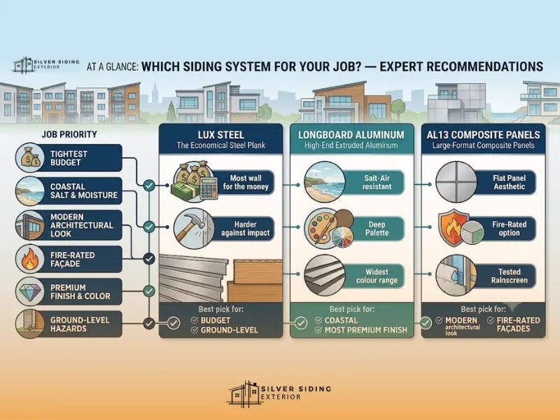 LUX Panels vs. Other Metal Siding: What's the Real Difference? 6 Infographic comparing LUX steel, Longboard aluminum, and AL13 composite siding to help homeowners choose the best material for their budget, climate, and architectural style.