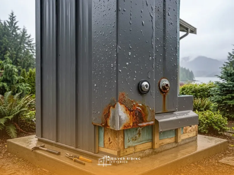 Close-up of dark metal siding showing severe rust and corrosion at the raw cut edges and around a fastener, caused by coastal salt air exposure.