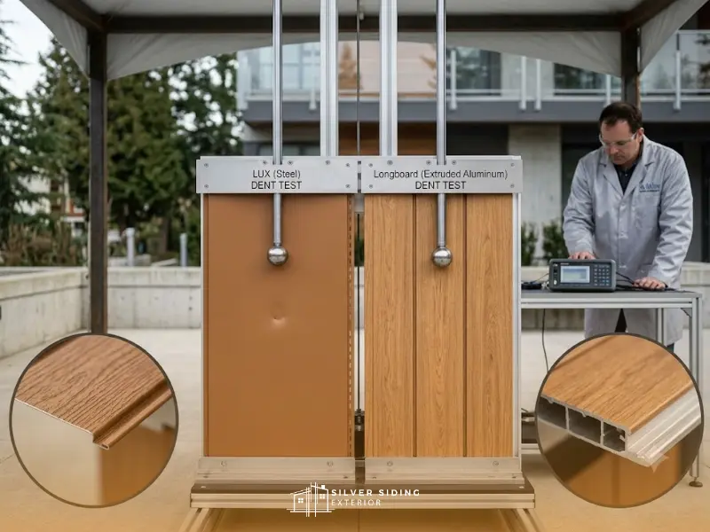 LUX Panels vs. Other Metal Siding: What's the Real Difference? 3 Impact resistance comparison between steel LUX panels and extruded aluminum Longboard siding, demonstrating how different metal claddings withstand physical damage.