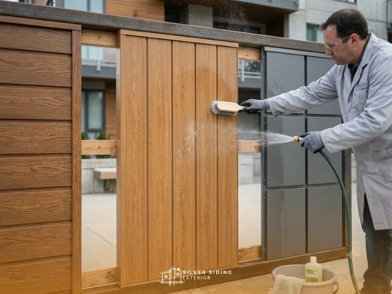 LUX Panels vs. Other Metal Siding: What's the Real Difference? 5 A person rinsing modern wood-look metal siding with a garden hose, demonstrating the low maintenance reality of metal cladding.
