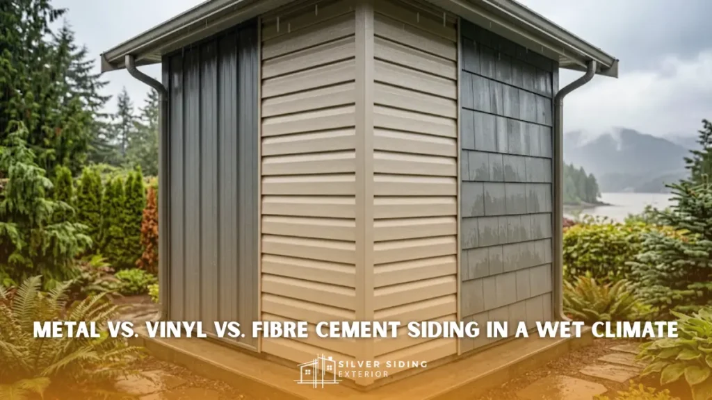 Side-by-side visual comparison of dark metal, tan vinyl, and grey fibre cement siding on a building exterior during a heavy coastal rainstorm.