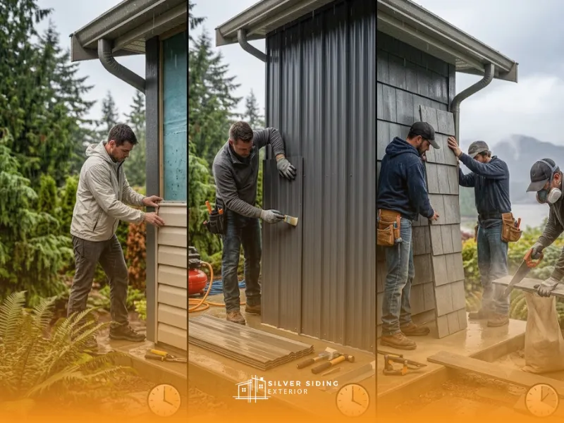 Three-panel visual comparing contractors installing lightweight vinyl, detailing metal panels, and carefully cutting heavy fibre cement siding in a coastal climate.