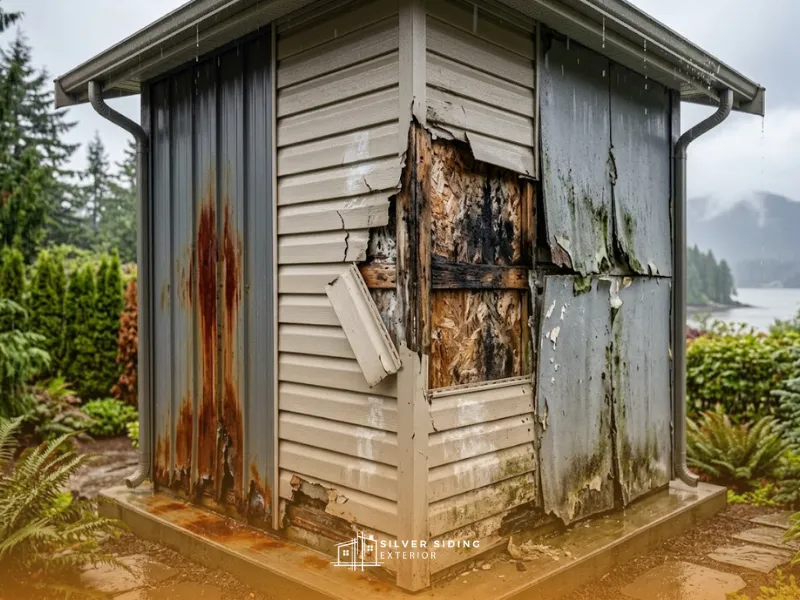 Severe weather damage on exterior walls showing rusted metal siding, cracked vinyl panels, and exposed wood rot caused by moisture and salt air in a coastal climate.
