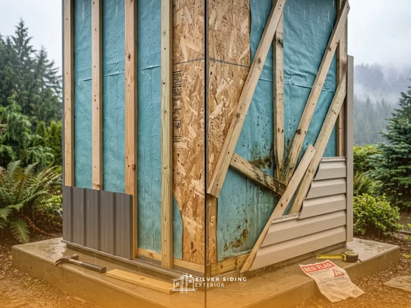 Side-by-side comparison of correct vertical strapping allowing water drainage behind siding, versus incorrect diagonal strapping trapping moisture and causing wall damage.
