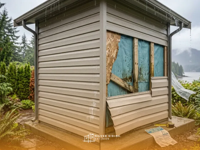 Vinyl siding panels blown off and damaged on an exterior wall during a severe coastal windstorm, exposing the sheathing and moisture barrier underneath.