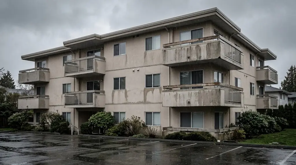 1990s-style stucco low-rise with water staining after years of rain