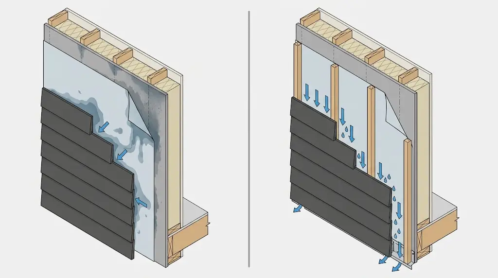 Face-sealed wall trapping moisture compared with a drained rainscreen wall