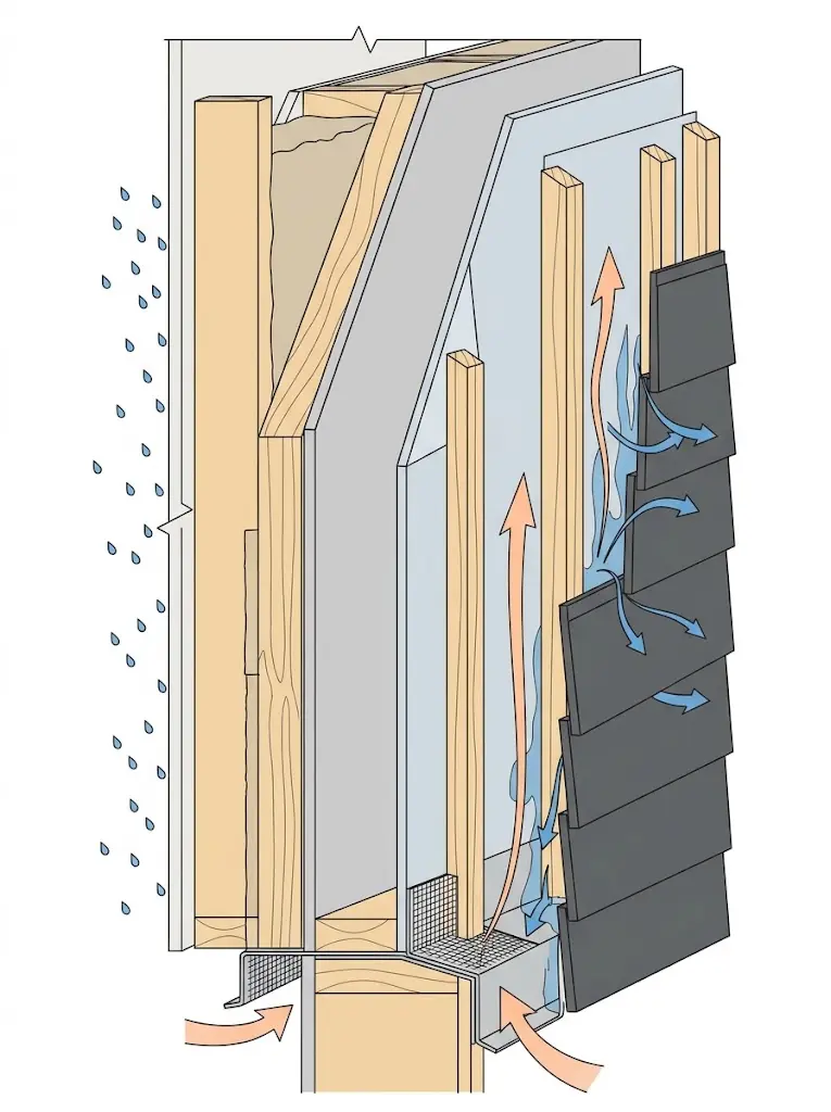 Diagram of water draining and air drying the gap behind siding