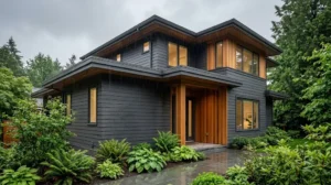 Modern home with fiber cement siding in heavy coastal rain
