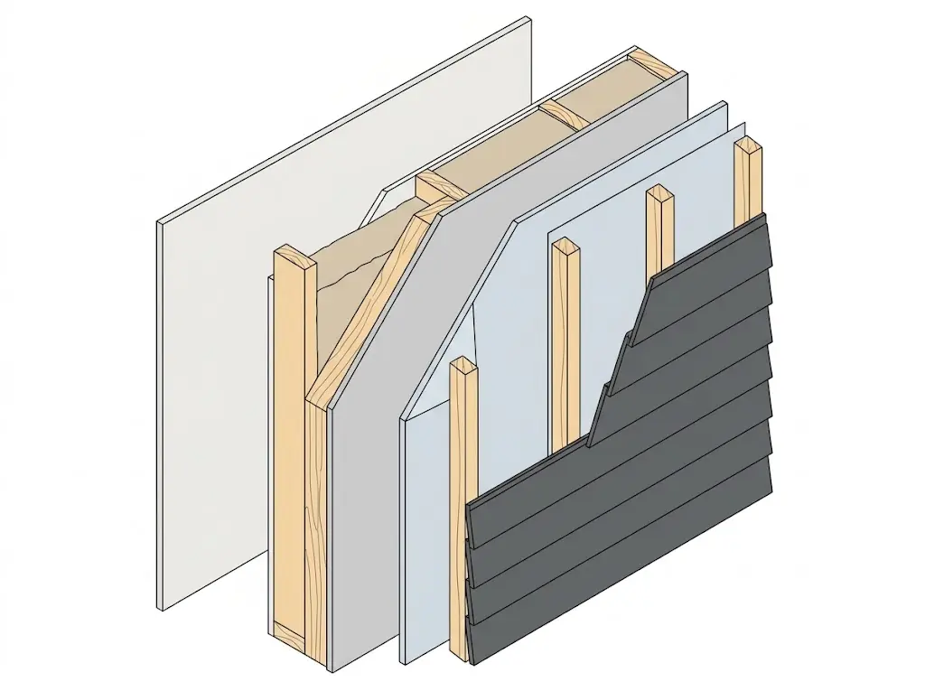 Cutaway diagram of the layers in a rainscreen wall assembly